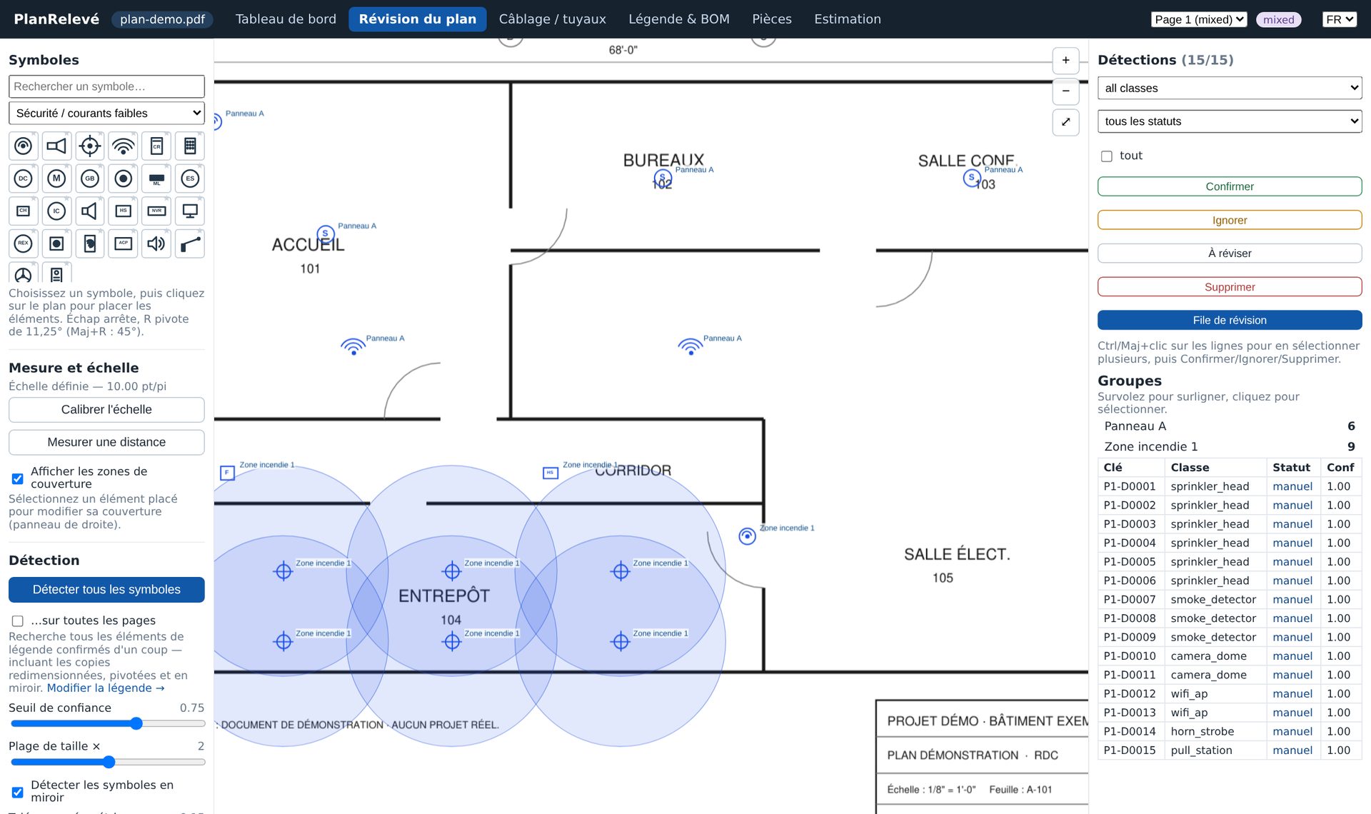 Relevé de quantités sur un plan PDF avec zones de couverture et groupes d'appareils